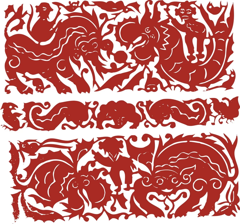 中国风中式传统喜庆民俗人物动物窗花剪纸插画边框AI矢量PNG素材【915】